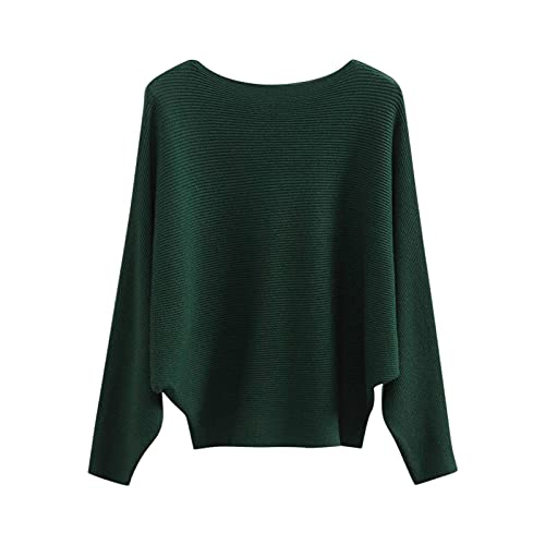 Overdose Damen Strickshirt Boat Neck Pulli Einfarbig Pullover Fledermaus Ärmel Oberteile Temperament Tops Mode Strickpullover Casual Bluse Lockere Sweater(Grün,Einheitsgröße)