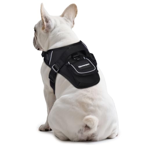 Hjumarayan Pettorina Cane, Pettorina Bulldog Francese con Zainetto Maniglia, Pettorine Cani in Tessuto Oxford con Strisce Riflettenti per Passeggiate Quotidiane, Nero M