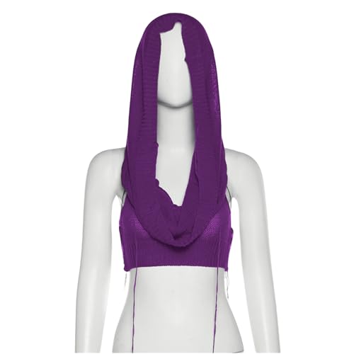 Image of Women's Knitted Hoodie Sweater Vest Sexy Sleeveless Hollow Out Hooded Crop Top Draped Sweatshirt Streetwear