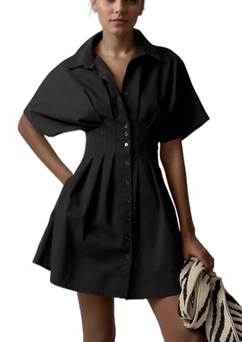 Image of calbatic Women Button Down Pleated Shirt Dress Striped Short Sleeve Summer Casual Business Flowy Mini Short Dress