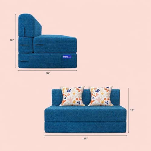 Image of Starlon 2 Seater Sofa Cum Bed Foldable 3-in-1 Sofa Bed with 1 Year Warranty, Washable Jute Fabric Cover & 2 Floral Pillows | Aqua Teal 4x6 Ft