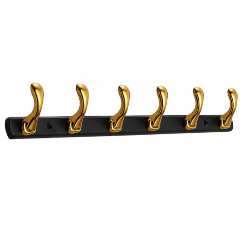 Image of ELUVIA Zinc Alloy 6 Pin Wall Hooks for Hanging Cloth and Towel Hangers for Wall Hook,Hook Rail Home Bathroom Kitchen & Bedroom (Pack of 1, Gold Black, 6 Hook)