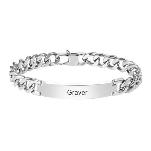 Cupimatch Bracelet Homme Personnalisable Prénom Gourmette Homme Argent avec Plaque en Acier Inoxydable pour Homme Garçon,Cadeau pour Noël Saint-Valentin...