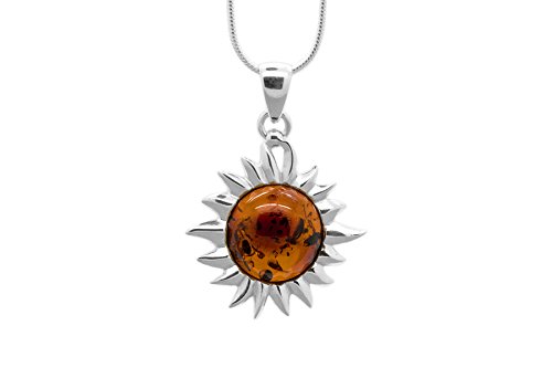 925 Sterling Silver Flaming Sun Necklace with Natural Cognac Baltic Amber Gemstone. 20"