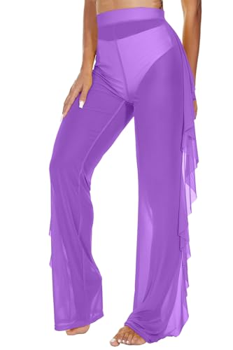 Image of Jumppmile Women's Ruffle Sheer Mesh Swimwear Bikini Cover Up Pants See Through