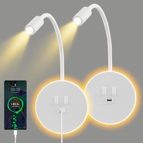 Lampada da Parete a LED 2pcs, Lampada da Parete a LED Lampada a Collo di Cigno Flessibile con Porta di Ricarica USB E Interruttore, Applique da Parete per Corridoio(Luce Calda 3w + 9w) (Bianco)