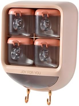 Large Capacity Wall-Mounted Spice Organizer - Clear 4-Cell Condiment Jars with Spoons & Hooks for Seasoning, Salt, and Spice Storage - Kitchen Essential, Space-Saving Solution