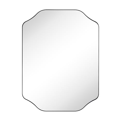 Image of TEHOME 24x32'' Scalloped Black Bathroom Vanity Mirror, Matt Black Rectangle Metal Framed Bathroom Mirror