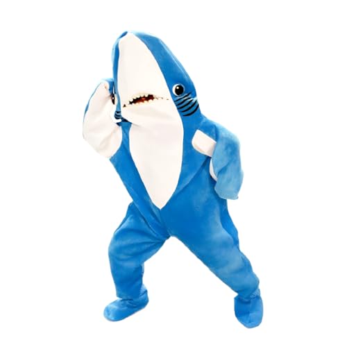 Shark Costume for Teen, Youth & Adults, Halftime Show Left Shark Dancing Mascot Blue Zip Up Jumpsuit, Halloween Costume