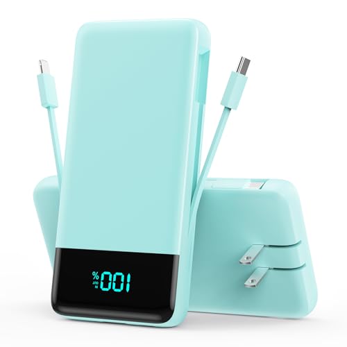 Image of Portable Charger Power Bank for iPhone with Built-in Cables and AC Wall Plug, 13800mAh Ultra Slim Travel Essentials,USB C Fast Charging External Battery Pack for iPhone 17 /16 /13,Galaxy,Android-Green