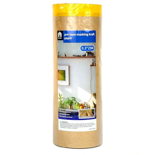 Image of Voomey Pre-Taped Masking Paper for Painting - 12 inch x 82 feet Tape and Drape Painters Paper, Paint Adhesive Protective Paper Roll for Covering Skirting, Frames, Cars and DIY Projects