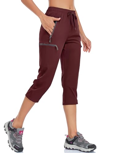 BAYGE Damen Wanderhose Sommer Leicht 3/4 Trekkinghose Outdoorhose Atmungsaktiv Schnell Trocknend Wasserdicht Winddicht Funktionshose mit Reißverschlusstaschen, Rot, L