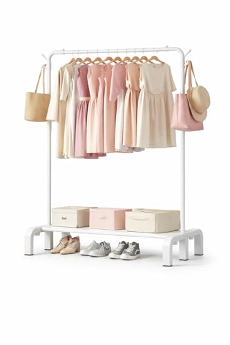 Image of Raawan Heavy Duty Double Rod Clothes Rack with Side Storage Shelves | Metal Garment Stand Organizer | Space Saving Cloth Hanger Stand for Bedroom, Living Room & PG (1 LAYER WHITE)