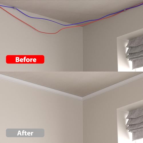 Image of ZhiYo Corner Cable Hider for 2 Cords, Hide Wires in Wall Corners 12ft White | 4 Pack (3ft Each), Self-Adhesive Cable Concealer, Quarter Round Cable Management Raceway for Baseboards & Ceiling Corners