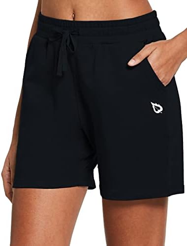 BALEAF Women's Shorts Athletic Workout Casual Cotton Lounge Walking Sweat Yoga Jersey Pull On Shorts with Pockets Black Size M