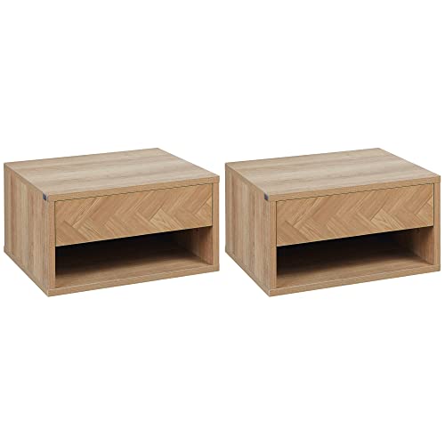 HOMCOM Lot de 2 Tables de Chevet murales Table de Nuit - tiroir Coulissant, Niche, Plateau - en Bois dim. 37L x 32l x 21H cm Naturel