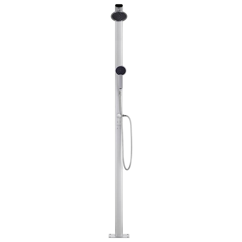Ducha de jardín de aluminio de 220 cm con placa de base WPC marrón, ducha de cabeza y ducha de mano con manguera flexible de 1,5 m, soporte de ducha de mano y estante para toallas, resistente