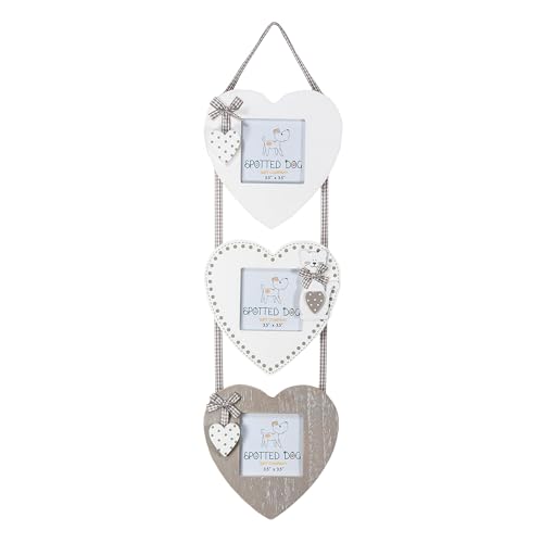 SPOTTED DOG GIFT COMPANY   Portafotos Múltiple Decorativo Marcos de Madera   Forma de Corazón con Gato   Colgante de Pared para 3 Fotos   Decoración Hogar y Regalo   Gris Blanco
