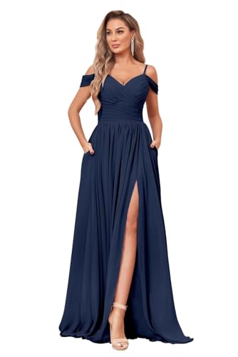 Off Shoulder Long Bridesmaid Dresses with Pockets Chiffon A-line Pleated Formal Dress with Slit