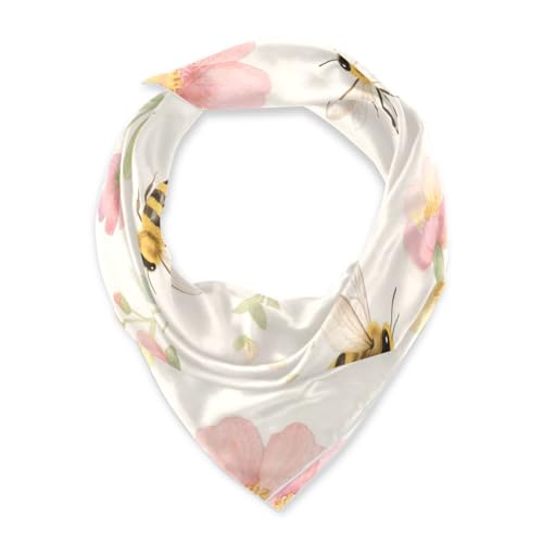 Watercolor Flower Bees Pink Cream square silk scarf lightweight headband for women for evening 35x35 bufandas para mujer para frio