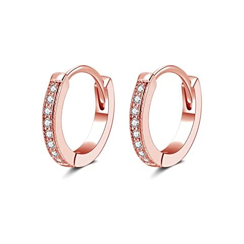 PRETTERY Silver Hoop Earrings for Women, 13mm Sterling Silver Hoop Earrings with Cubic Zirconia, Rose Gold Plated Small Sleeper Hoops Earrings Cover