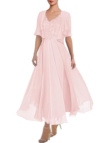 2 Pieces Mother of Bride Dresses V-Neck and Chiffon Jacket Tea Length A Line Bridesmaid Formal Evening Gowns