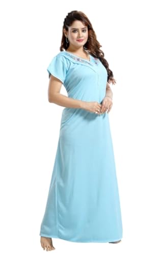 Image of Onekbhalo Women's- Full Sleeves-Feeding- Nursing- Maternity Nighty /Maxi /Gown /Nightdress /Nightwear- Hosiery Cotton Fabric- Floral Print- Embroidery with Zip