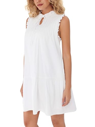 Image of CIDER Knotted Sleeveless White Mini Dress Ruffle Trim Tie Neck Tiered Casual Summer