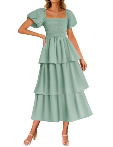 ZESICA Women's 2025 Summer Boho Midi Dress Short Puff Sleeve Flowy A Line Tiered Beach Vacation Long Dresses,Sage,Small