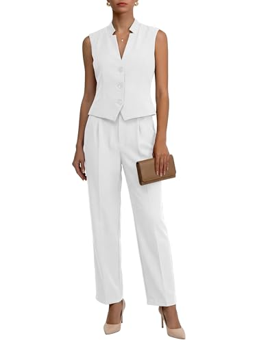 Womens Pant Suits 2 Piece Outfits Business Sleeveless Blazer Vest Sets (White S)