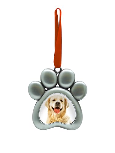 Pearhead Pawprint Photo Ornament, Dog or Cat Christmas Tree Decoration, Pet Memorial Keepsake Picture Frame, Classic Holiday Home Decor, Silver Metal