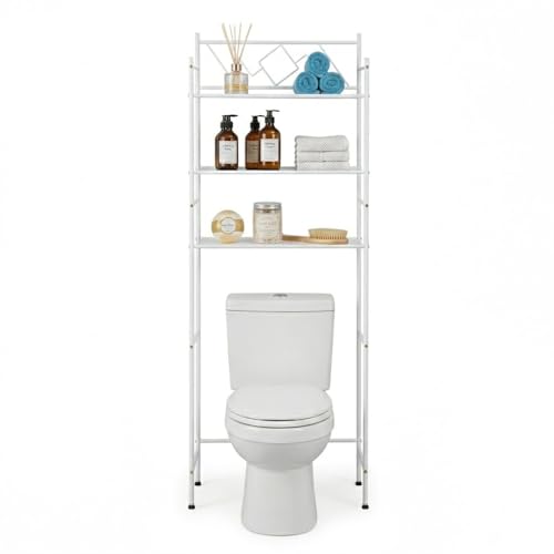 Image of Home Zone Living Over-the-Toilet Bathroom Storage Cabinet Organizer | Freestanding Steel Frame Design with 3-Tier Shelves and Adjustable Feet, White