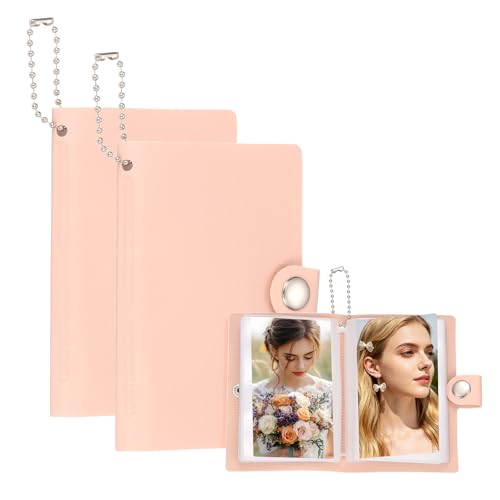 sourcing map Lot de 2 petits albums photo, 5,1 x 7,6 cm, mini albums mignons avec couverture en cuir avec porte-clés pour 36 photos, mini portefeuille portable pour film d'appareil photo, rose