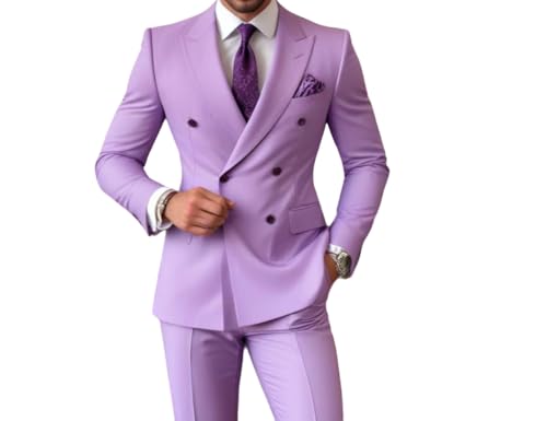 Men Double Breasted Style 2 Piece Slim Fit Party Wear Light Purple Formal Fashion Elegant Suit