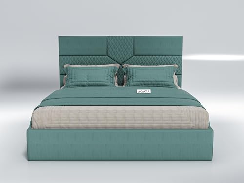 Image of Acacia Modern Upholstered Queen Size Bed with Box Storage for Bedroom | Wooden Double Bed with Storage | Platform Cot Bed with Upholstery Premium Fabric | 6.5 x 5 Ft | Sheesham Wood (Viridian Green)