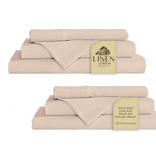 Image of Linen Home 2Pack King Sheet Set, 100% Cotton Percale Bedding, 8-Piece Value Bundle, Deep Pocket Cooling Bedsheets for Hot Sleepers, Breathable & Crisp Hotel Quality, Long-Staple Cotton, Sand Shell