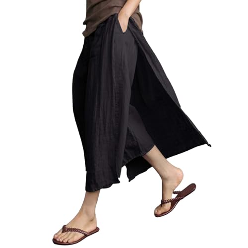 Vhersily Falda larga de verano para mujer, cintura alta, de lino, de un solo pecho, para verano, cómoda, elástica, de pierna ancha, con diseño plisado, para actividades al aire libre, con bolsillos