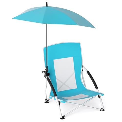 Goplus Beach Chair with Umbrella, 330lbs Folding Backpack Chairs for Adults with Adjustable Parasol, Comfy Armrest, Breathable Seat, Lightweight Portable Foldable Low Sand Chair for Lawn, Camping