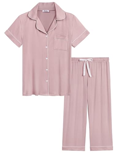 Image of Joyaria Bamboo Viscose Cooling Pajamas for Women Capri Button Front Pjs Set | Ideal for Night Sweats, Hot Sleeper Friendly, Breathable & Moisture Wicking, Short Sleeve Top