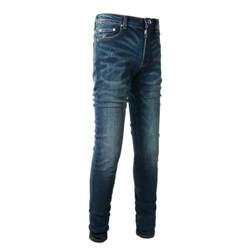 Jeans Pants Trousers Denim Men Retro Stretch Slim Fit Street Trendy Deep Blue Edge Casual Small Foot(Dark Blue,29)3