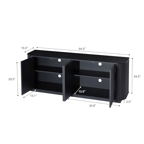 LKTART 64" Sideboard Buffet Cabinet with Storage, Wooden Fluted Storage Cabinet Sideboard Credenza with Adjustable Shelves Pressed Spring for Kitchen Living Room (Black)