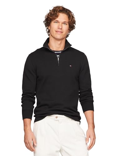 Tommy Hilfiger Men's Cotton Zip Mock Sweater, Black, XX-Large