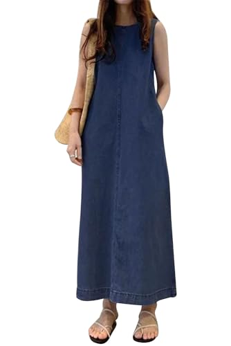 VEVESMUNDO Sommerkleid Damen Baumwolle Ärmelloses Casual Lockere Lässige Lang Kleider Strandkleid Leinenkleid Blusenkleid Freizeitkleid mit Taschen...