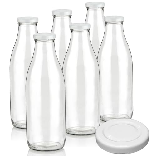 Geniess-Bar! 6 Milchflaschen 1 Liter inkl. Deckel & Ersatzdeckel 1L Glasflaschen erhältlich mit 2/4/6/9/12/15 Saftflaschen 1000ml Flaschen Weithalsflaschen leer mit Schraubdeckel Vorratsglas