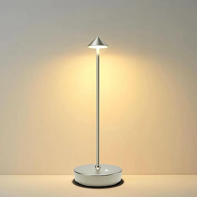 Rechargeable Cordless Table Lamp,3 Color Stepless Dimming Portable 6000mAh LED Battery Operated Desk Lamp Touch Control Table Light for Patio Restaurant Dining Home (Chromium)