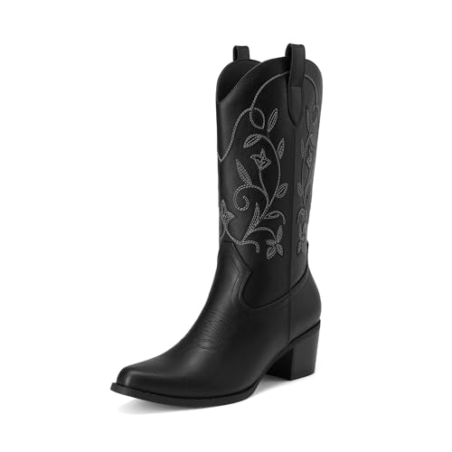 Image of DREAM PAIRS Cowboy Boots for Women Cowgirl Western Boots Fashion Embroidery Stitched Chunky Heel Mid Calf Boots