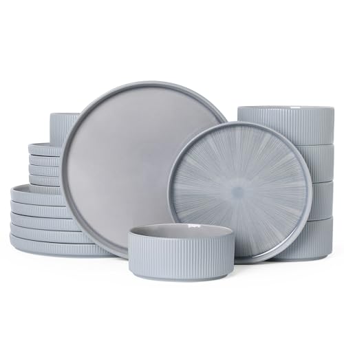 Image of Dinnerware Sets, Ceramic Plates and Bowls Set 18 Piece Dinnerware for 6 Chip Resistant Stoneware with Advanced Inkjet Printing Technology, Dishwasher and Microwave Safe-Smoky Blue
