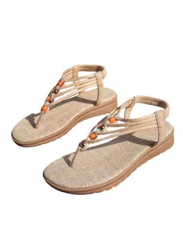 GORGLITTER Women's Beaded Strappy Western Flats Dressy Boho Flip Flops Toe Post Ankle Strap Slide Sandals