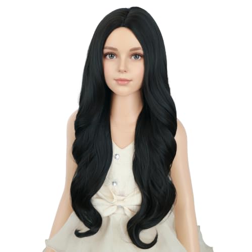 Image of PATTNIUM Child Kids Black Wig Long Wavy Black Wig for Kids Girls Long Synthetic Wig with Wig Cap