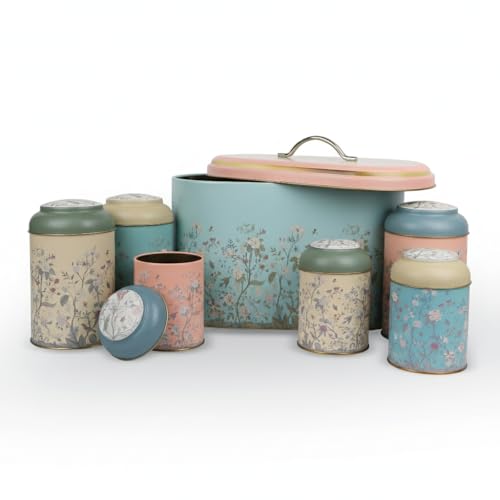 MARIA ROMA 7 Pieces Bread Box for Kitchen Countertop and Canisters Sets for the Kitchen Ideal for Bread Basket Sugar Container Coffee Canister Tea Tin Breadbox Vintage and Rustic Model